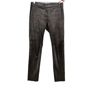 Escada Lamb Leather Pants Womens 40 Medium Brown Shimmer Skinny Mid Rise‎ Rocker